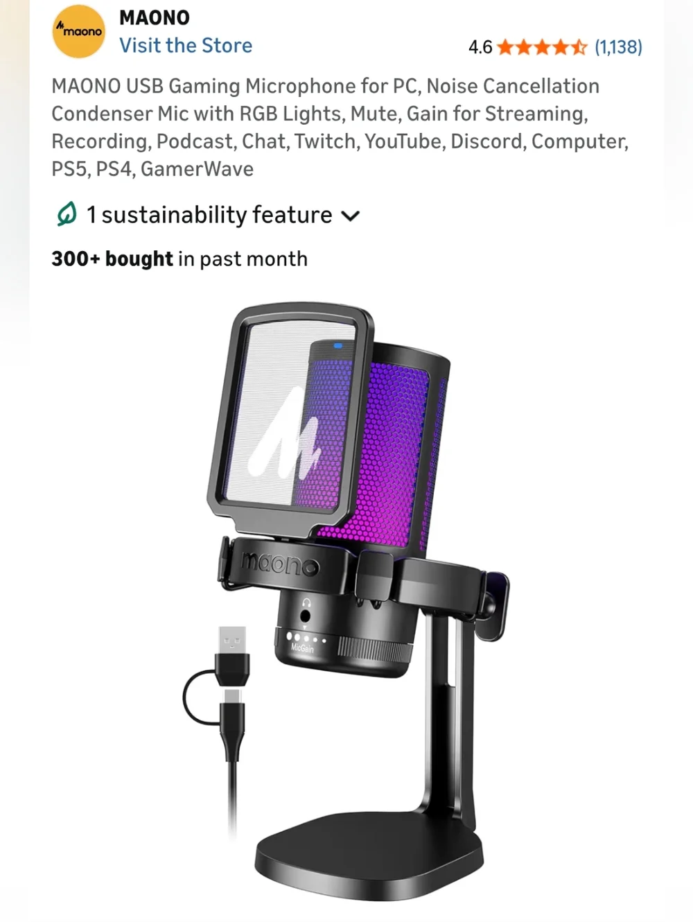 MAONO USB Gaming Microphone RGB Lights With Noise Condenser